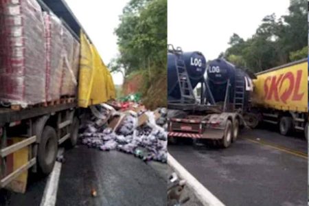 Acidente envolvendo duas carretas interrompe tráfego na BA-052, próximo a Piritiba