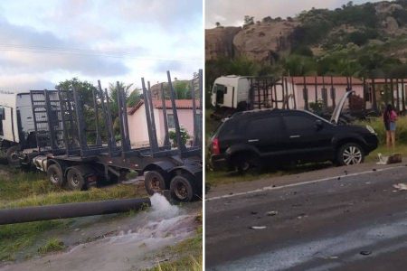 Engavetamento na BR 116 entre carreta e sete carros bloqueia trecho, sem vítimas fatais