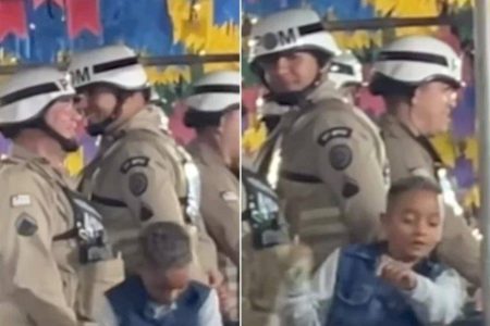 Criança rouba a cena ao dançar ao lado de policiais militares em interior baiano