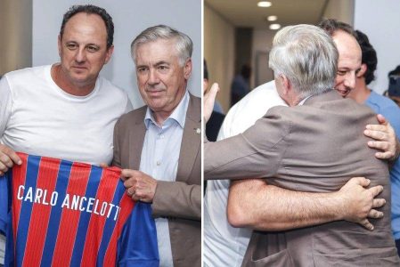 Ancelotti marca presença na Fonte Nova e é presenteado com camisa do Bahia