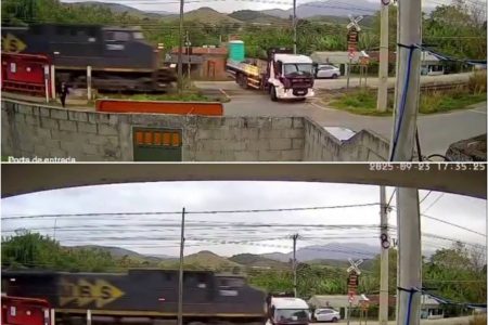 Caminhoneiro sai ileso após caminhão ser violentamente atingido por trem Caminhoneiro sai ileso após caminhão ser violentamente atingido por trem
