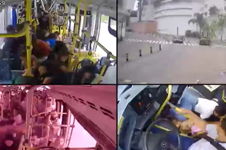 Câmera registra ônibus coletivo desgovernado e passageiros desesperados em SP; 13 ficam feridos