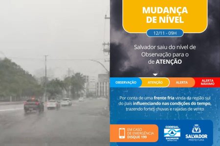 Salvador registra mais de 110 mm de chuva em 24h e entra em nível de atenção