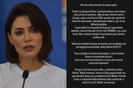 Michelle Bolsonaro reage a prisão do marido com versos bíblicos: “Justiça de Deus”