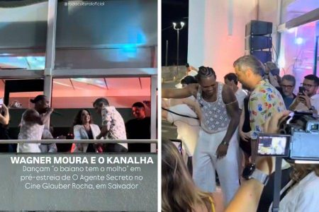 Wagner Moura mostra molejo baiano ao lado de “o Kanalha” durante pré-estreia de “O Agente Secreto” em Salvador