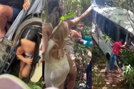 Ônibus cai em ribanceira e passageiros deixam veículo pelas janelas em Trancoso