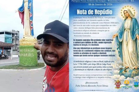 Homem ataca imagem de Nossa Senhora das Graças na Bahia; paróquia repudia episódio