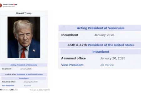 Trump publica montagem na rede social e se apresenta como “presidente interino” da Venezuela