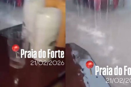 “Está tudo debaixo d’água”: chuvas alagam comércio em Praia do Forte e empresário cobra solução