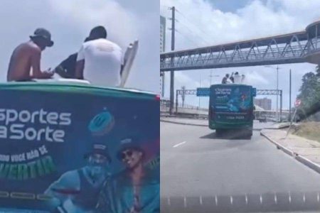Homens são flagrados em cima de ônibus em movimento na Avenida Paralela