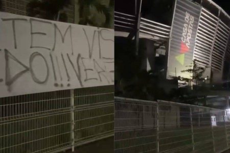 “Tem medo”: torcedor do Vitória coloca faixa provocativa na Fonte Nova antes da final do Baianão