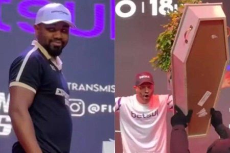 Davi Brito provoca Bambam com caixão antes de luta no Fight Music Show