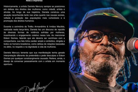 Após polêmica com Edson Gomes, Daniela Mercury pede desculpas e diz que quer conversar pessoalmente