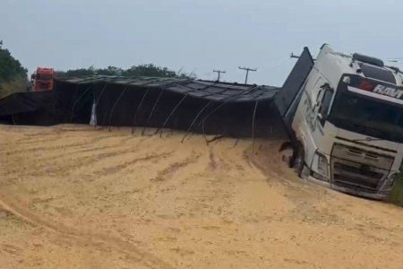 Carreta carregada de soja tomba e bloqueia BR-242 na Bahia