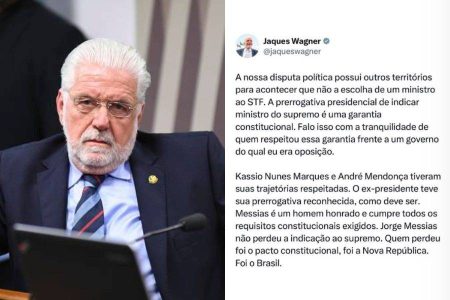 Jaques Wagner critica rejeição de Messias ao STF e fala em “rompimento do pacto constitucional”