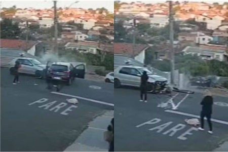 Vídeo: Após colisão, motorista e passageiras deixam o veículo e carro sem freio cai em barranco