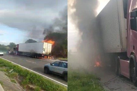 Carreta em chamas mobiliza equipes e causa bloqueio parcial na BR-116