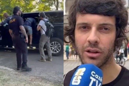 Defante é levado por policiais nos EUA durante transmissão da CazéTV na Copa do Mundo