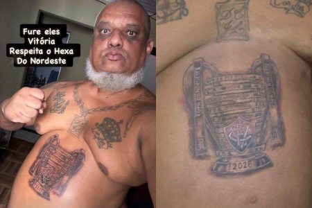 “Respeita o hexa”: torcedor ilustre do Vitória, Kado Pitbull tatua taça do Nordestão e viraliza