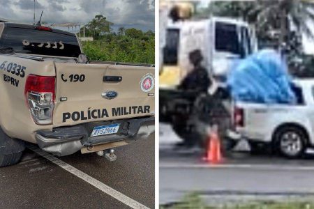 Sequência de acidentes envolvendo caminhões, viatura e mais dois carros deixa policiais feridos