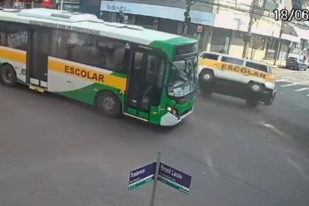 Crianças ficam feridas após van escolar colidir com ônibus