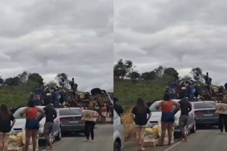Caminhão com alimentos tomba e carga é saqueada na Bahia