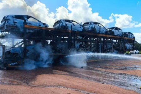 Caminhão-cegonha carregado com 11 carros elétricos pega fogo na BR-101, na Bahia