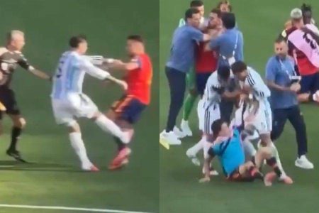 Imagens mostram briga provocada por jogador da Argentina após a final da Copa