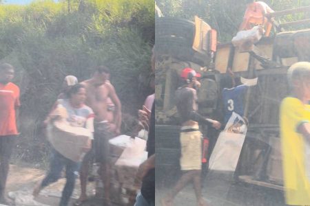 Carreta carregada de frango tomba na BR-101 e carga é saqueada após acidente