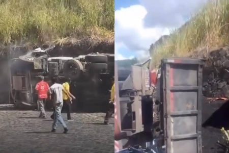 Caminhão carregado com massa asfáltica tomba em Cachoeira, no Recôncavo Baiano