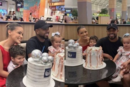 Davi Brito e Emily Araújo comemoram aniversário juntos em shopping de Salvador