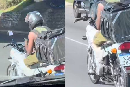 Motociclista com perna amputada é flagrado usando celular e realizando manobras na Avenida Paralela