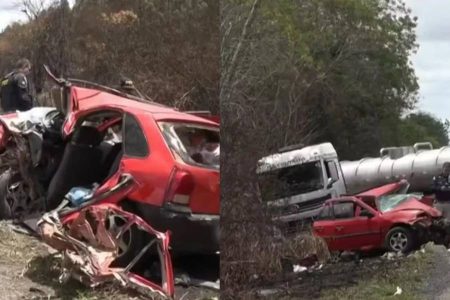 Colisão de carro com três carretas mata pai e filho de 4 anos na BR-116, na Bahia