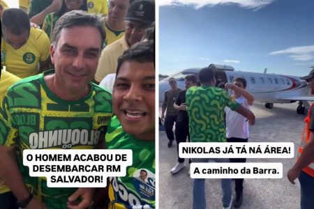 Flávio Bolsonaro e Nikolas Ferreira são recebidos por Diego Castro em Salvador para ato de campanha
